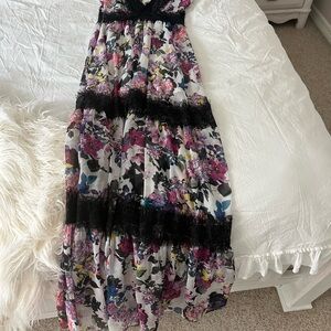 Floral Maxi Dress with Black Lace Accents
